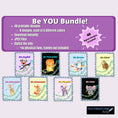 Load image into Gallery viewer, The Be YOU! digital download features 8 designs in 5 different colors for a total of 40 different images! Each image has an animal - lion, hippo, cow, turtle, giraffe, rino, fox, and elephant - playing a musical instrument with an inspirational message to "Be" joyful, brave, peaceful, kind, adorable, awesome, playful, and cute.
