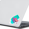 Load image into Gallery viewer, This individual die-cut sticker is one you either like or don't like; it's very unique! Featuring a 3D paint drip in pinks and purples over a green and blue paint swath, this sticker is hard to explain but pretty interesting to see. This image shows the 3D Drip sticker on the back of an open laptop.