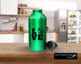Load image into Gallery viewer, Love boating and being on the water? Then show it with this boating love square! Available in 4 sizes and 10 colors, these vinyl decals make great gifts for everyone. This image shows the boating love square vinyl decal on a water bottle.