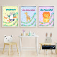 Load image into Gallery viewer, The Be YOU! digital download features 8 designs in 5 different colors for a total of 40 different images! Each image has an animal - lion, hippo, cow, turtle, giraffe, rino, fox, and elephant - playing a musical instrument with an inspirational message to "Be" joyful, brave, peaceful, kind, adorable, awesome, playful, and cute.