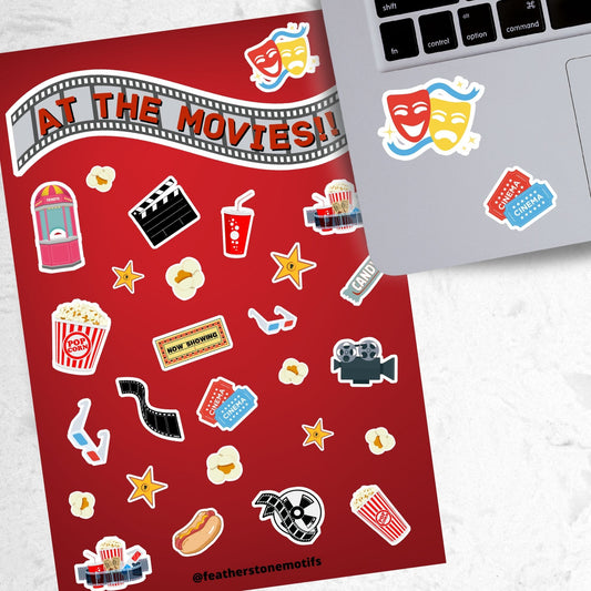 Get your tickets, buy your snacks, and enjoy a night at the movies! This sticker sheet is filled with sticker images like: Popcorn, movie reel, camera, hotdog, soda, and 3D glasses. This image shows the sticker sheet next to an open laptop with stickers of comedy/tragedy masks, and cinema tickets applied below the keyboard.
