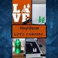 Load image into Gallery viewer, Love camping? Then show it with this camping themed love square vinyl decal! Available in 4 sizes and 10 colors, these vinyl decals make great gifts for everyone. This image shows the cover page.