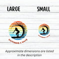 Load image into Gallery viewer, Hang 10 Bro! Catch a wave with this individual die-cut sticker featuring the silhouette of a female surfer inside the tube, all on a colored gradient background. Cowabunga! This image shows large and small Catching a Wave stickers next to each other.