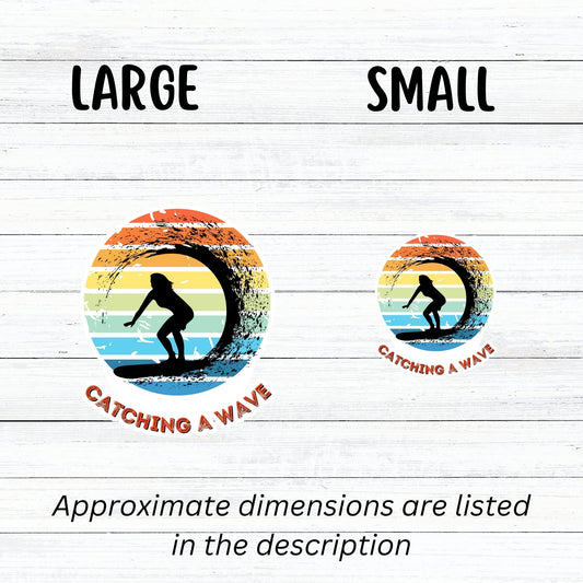 Hang 10 Bro! Catch a wave with this individual die-cut sticker featuring the silhouette of a female surfer inside the tube, all on a colored gradient background. Cowabunga! This image shows large and small Catching a Wave stickers next to each other.
