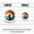 Load image into Gallery viewer, Hang 10 Bro! Catch a wave with this individual die-cut sticker featuring the silhouette of a male surfer inside the tube, all on a colored gradient background. Cowabunga! This image shows large and small Catching a Wave stickers next to each other.