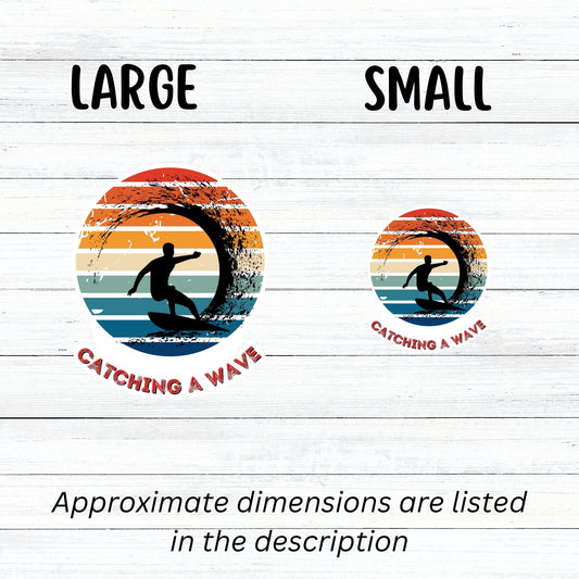 Hang 10 Bro! Catch a wave with this individual die-cut sticker featuring the silhouette of a male surfer inside the tube, all on a colored gradient background. Cowabunga! This image shows large and small Catching a Wave stickers next to each other.