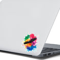 Load image into Gallery viewer, Soar with Eagles! This individual die-cut sticker features a majestic eagle soaring over a paint splash background. This image shows the Soaring Eagle sticker on the back of an open laptop.