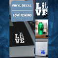 Load image into Gallery viewer, Love the fishing? Then show it with this fishing love square vinyl decal! Available in 4 sizes and 10 colors, these vinyl decals make great gifts for everyone. This image shows the cover page.