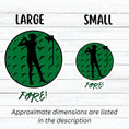 Load image into Gallery viewer, Show your love of golf with this individual die-cut sticker! This sticker shows the silhouette of a golfer with a ponytail about to swing, on a green golf ball background, with the word "Fore!" below. This image shows the large and small golf stickers next to each other.