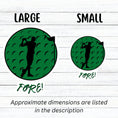 Load image into Gallery viewer, Show your love of golf with this individual die-cut sticker! This sticker shows the silhouette of a golfer about to swing, on a green golf ball background, with the word "Fore!" below. This image is of the large and small golf stickers next to each other.