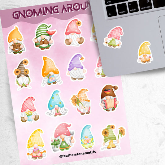 Gnomes, gnomes, and more gnomes! This sticker sheet has 16 unique gnome stickers for people who love their Gnomies. This image has the sticker sheet next to an open laptop with two gnome lady stickers applied below the keyboard.