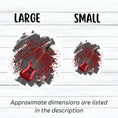 Load image into Gallery viewer, This guitar sticker is great for any guitarist, whether a beginner or a seasoned shredder! This individual die-cut sticker features a burgundy electric guitar on a gray and burgundy paint splattered background. Turn it up! This image shows large and small guitar stickers next to each other.