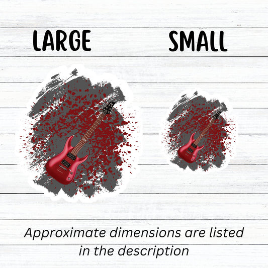 This guitar sticker is great for any guitarist, whether a beginner or a seasoned shredder! This individual die-cut sticker features a burgundy electric guitar on a gray and burgundy paint splattered background. Turn it up! This image shows large and small guitar stickers next to each other.