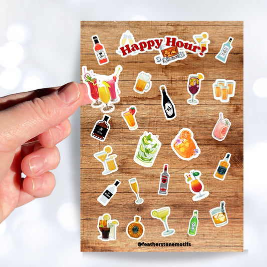 Cheers! Filled with sticker images of your favorite cocktails and adult beverages, this is for adults who can enjoy this sticker sheet responsibly! This image shows a hand holding a sticker of three tropical cocktails over the sticker sheet.