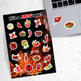 Load image into Gallery viewer, Hot peppers, hot salsa, and hot sauce; this sticker sheet is filled with stickers to celebrate everything spicy! This image shows the sticker sheet next to an open laptop with stickers of a mouth holding a pepper, and a bowl of spicy salsa, applied below the keyboard.