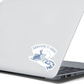 Load image into Gallery viewer, Love fishing? Then this individual die-cut sticker of a fisherperson with one on the line is for you! This image shows the Keeping it Reel sticker on the back of an open laptop.