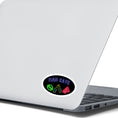 Load image into Gallery viewer, Guys, want to celebrate your man cave? Then this individual die-cut sticker is just what you need! It features a black background with neon images of "Man Cave" written above a football, clinking bottles, and slice of pizza. What more could you want? This image shows the Man Cave sticker on the back of an open laptop.