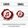 Load image into Gallery viewer, This individual die-cut sticker features a double music note in brown with a paint splattered background. Perfect for performers and music lovers alike! This image shows large and small music note stickers next to each other.