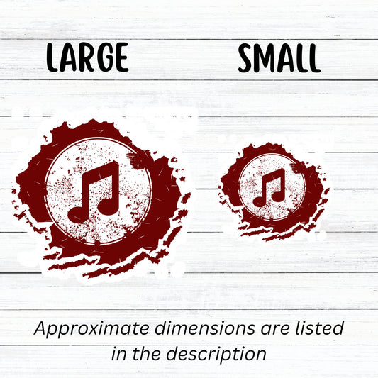 This individual die-cut sticker features a double music note in brown with a paint splattered background. Perfect for performers and music lovers alike! This image shows large and small music note stickers next to each other.