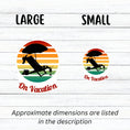 Load image into Gallery viewer, Who doesn't want to be on vacation? Whether you travel or just stay around home, being on vacation sure beats the alternative! This individual die-cut sticker features the silhouette of a beach chair and umbrella with a cool tropical beverage easily at hand, all on a colored gradient background. Relax, you're On Vacation! This image shows large and small On Vacation stickers next to each other.