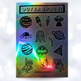 Load image into Gallery viewer, Flying saucers, aliens, and weird planets, all on a holographic sticker sheet. Outer Space is out of this world!