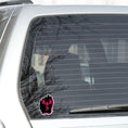 Load image into Gallery viewer, Phoenix rising - this individual die-cut sticker features a purple, red, and orange phoenix on a black background. This image shows the Phoenix on Black sticker on the back window of a car.