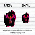 Load image into Gallery viewer, Phoenix rising - this individual die-cut sticker features a purple, red, and orange phoenix on a black background. This image shows large and small Phoenix on Black stickers next to each other.