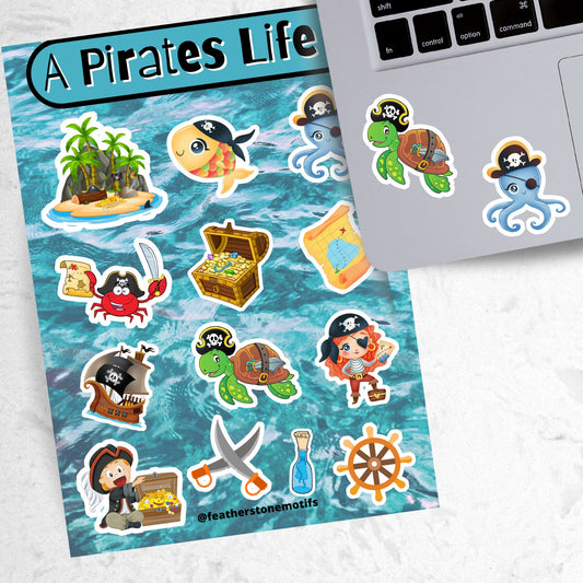 You'll walk the plank to get our A Pirates Life sticker sheet with individual stickers of treasure chests, treasure maps, pirate ships, pirates, and pirate creatures. This is an image of a laptop with stickers on it.