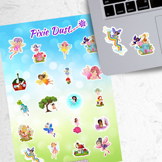 This sticker sheet has 20 different sticker images of fairies and it features a holographic sparkle overlay to give it that magical feel. This image shows the sticker sheet next to an open laptop with stickers of a fairy sliding down a twisty rainbow, and two fairies above a watering can house with flowers growing out of it, applied below the keyboard.
