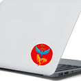 Load image into Gallery viewer, Phoenix rising - this individual die-cut sticker features a blue phoenix rising out of flames with the words "Rise Above" at the top, all on a red background. This image shows the Rise Above die-cut sticker on the back of an open laptop.