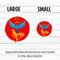 Load image into Gallery viewer, Phoenix rising - this individual die-cut sticker features a blue phoenix rising out of flames with the words "Rise Above" at the top, all on a red background. This image shows large and small Phoenix Rise Above stickers next to each other.
