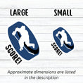 Load image into Gallery viewer, Grab your stick, lace up your skates, and head to the rink! This individual die-cut sticker features a hockey player silhouette on a blue hockey puck with the word "Score!" on the lower left side. This image shows the large and small hockey stickers next to each other.