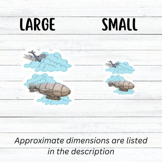Is it a battle in the sky or is the plane coming to help out the blimp? This individual die-cut steampunk sticker features a steampunk plane diving through the clouds towards a steampunk dirigible. This image shows the large and small steampunk flyers stickers next to each other.