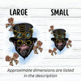 Load image into Gallery viewer, Steampunk Monkey has his own version of a steampunk hat and goggles, plus he is wearing goggles and surrounded by three steampunk butterflies. All on a blue and white background. This image shows the large and small steampunk monkey stickers side by side.