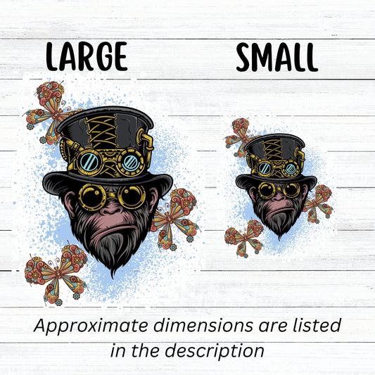Steampunk Monkey has his own version of a steampunk hat and goggles, plus he is wearing goggles and surrounded by three steampunk butterflies. All on a blue and white background. This image shows the large and small steampunk monkey stickers side by side.