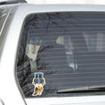 Load image into Gallery viewer, Mrs. Owl is sporting a steampunk hat with goggles and she has her own steampunk watch necklace. This image shows the Mrs. Owl steampunk sticker on the back window of a car.