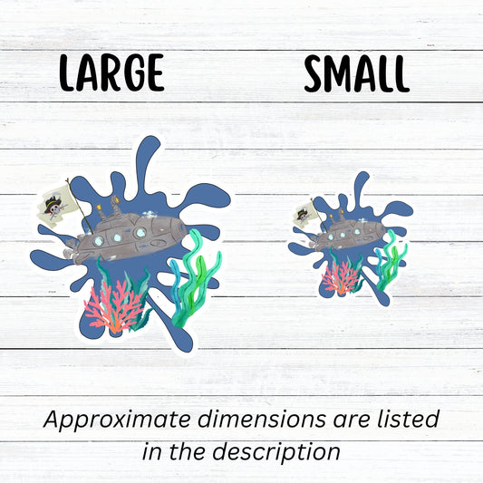 Ahoy Matey! This steampunk submarine sticker has a steampunk and a pirate theme. It features a steampunk submarine with a pirate flag on a blue background with coral and underwater plants. This image shows small and large versions of the steampunk submarine sticker next to each other.