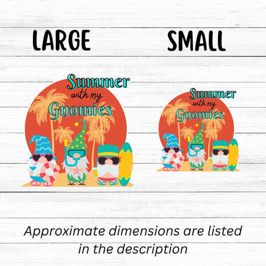 Who doesn't want to chill with their gnomies in the summer? This individual die-cut sticker features three gnome friends who are ready for the beach. They're standing in front of a setting sun silhouetting palm trees. Enjoy! This image shows large and small Summer with my Gnomies stickers next to each other.