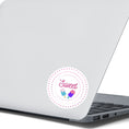Load image into Gallery viewer, Sweet as Ice Cream! This round individual die-cut sticker has the word Sweet with two ice cream bars in the center surrounded by pink and purple circular dots. This makes a great gift for your sweetie! This image shows the Sweet - Ice Cream sticker on the back of an open laptop.