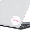 Load image into Gallery viewer, This round individual die-cut sticker is Sweet! It features the word Sweet in the center surrounded by pink and purple circular dots. This makes a great gift for anyone you're sweet on! This image shows the Sweet sticker on the back of an open laptop.