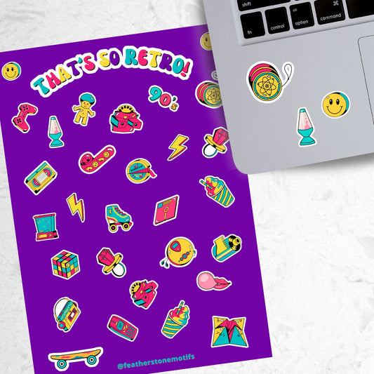 This sticker sheet is filled with images of items from the 70's, 80's, and 90's. Sticker images include a troll doll, roller skate, Rubik's cube, and a skateboard. This image shows the sticker sheet next to an open laptop with stickers of a yo-yo, a smiley face, and a lava lamp, applied below the keyboard.