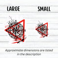 Load image into Gallery viewer, Trash Polka uses red, black, and white with a combination of abstract, surrealistic, and realistic images, and this individual die-cut sticker features a compass inside a red triangle outline on a white background. This image shows the large and small trash polka compass stickers next to each other.
