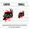 Load image into Gallery viewer, Trash Polka uses red, black, and white with a combination of abstract, surrealistic, and realistic images, and this individual die-cut sticker features a black owl face on a red and white background. This image shows the large and small trash polka owl stickers next to each other.