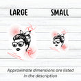 Load image into Gallery viewer, Trash Polka uses red, black, and white with a combination of abstract, surrealistic, and realistic images, and this individual die-cut sticker features a woman wearing sunglasses with her hair tied up on a white background with red swirls. This image shows large and small trash polka woman stickers side by side.