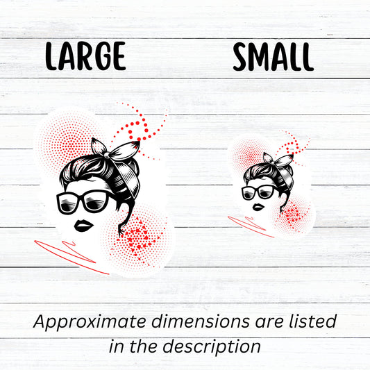 Trash Polka uses red, black, and white with a combination of abstract, surrealistic, and realistic images, and this individual die-cut sticker features a woman wearing sunglasses with her hair tied up on a white background with red swirls. This image shows large and small trash polka woman stickers side by side.