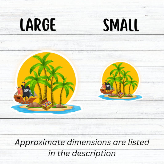 Pirate's Treasure awaits on this topical island! This individual die-cut sticker features an island with palm trees in front of the setting sun, and yes that is a treasure chest on the beach. But you'd better hurry before the pirate ship gets there and makes off with the prize! This image shows large and small Treasure Island stickers next to each other.