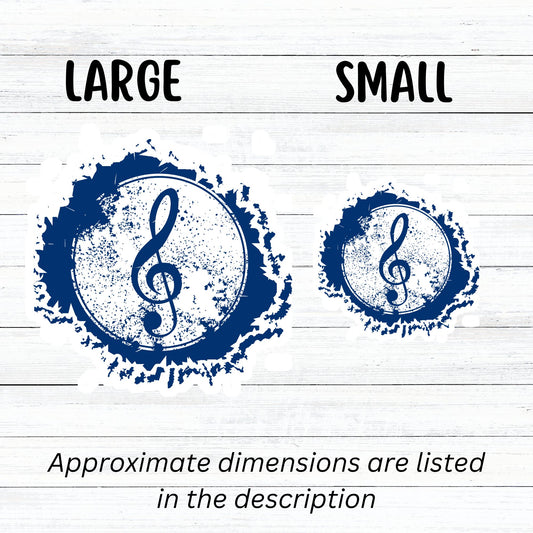 This individual die-cut sticker features a blue treble clef with a paint splattered background. Perfect for performers and music lovers alike! This image shows large and small treble clef stickers next to each other.
