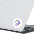 Load image into Gallery viewer, This individual die-cut sticker features a teal and purple unicorn with stars in the background. This image shows the Unicorn die-cut sticker on the back of an open laptop.