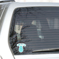 Load image into Gallery viewer, Don't get psyched out by this individual die-cut sticker! It features a teal blue pineapple with the words "Wait for it!" above. This image shows the Wait for it! die-cut sticker on the back window of a car.