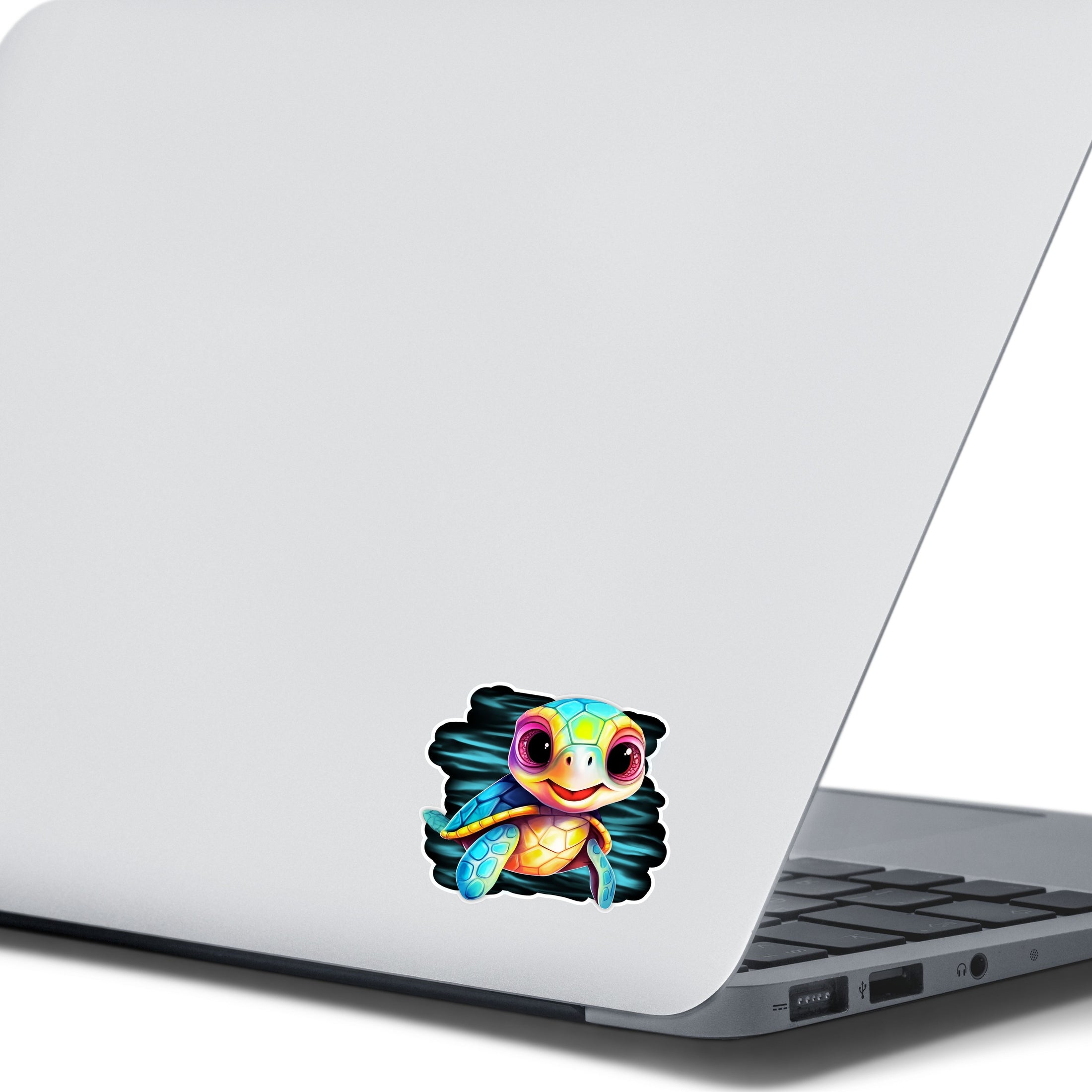 This image shows the baby sea turtle sticker on the back of an open laptop.